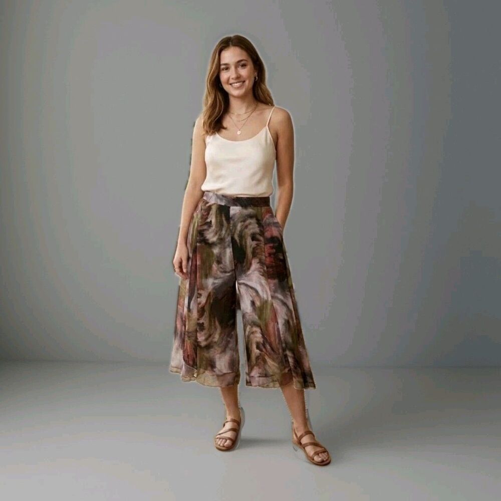 The Pyramid Collection Sheer Lined Palazzo Pants  Women 10 Boho Flowy Wide Leg